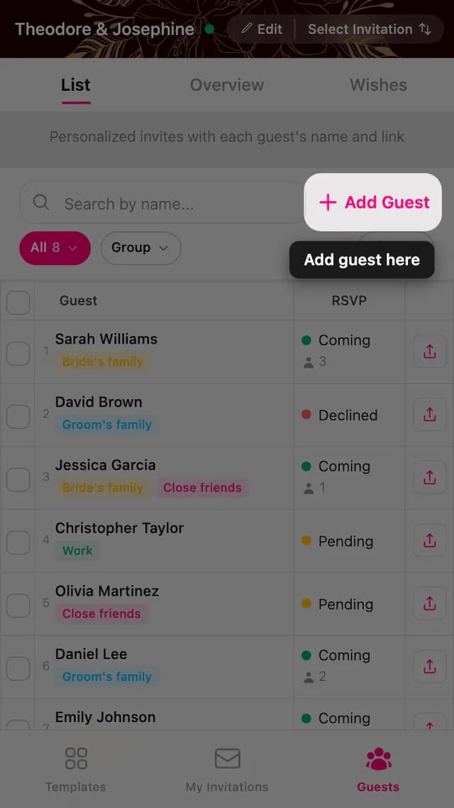 The Add Guest button at the top of the guest list