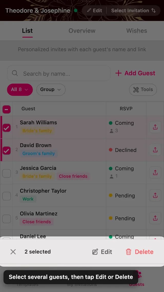 Two guest rows ticked, with the edit and delete bar at the bottom