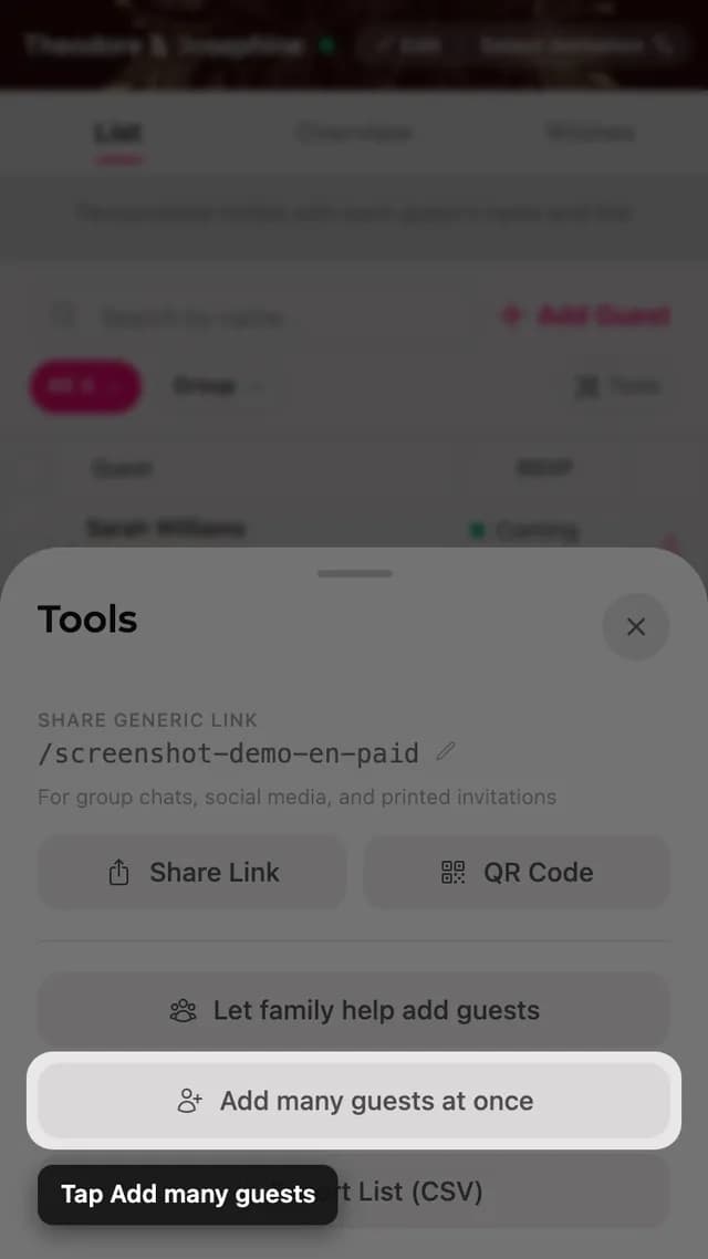 The Add many guests button inside the Tools sheet