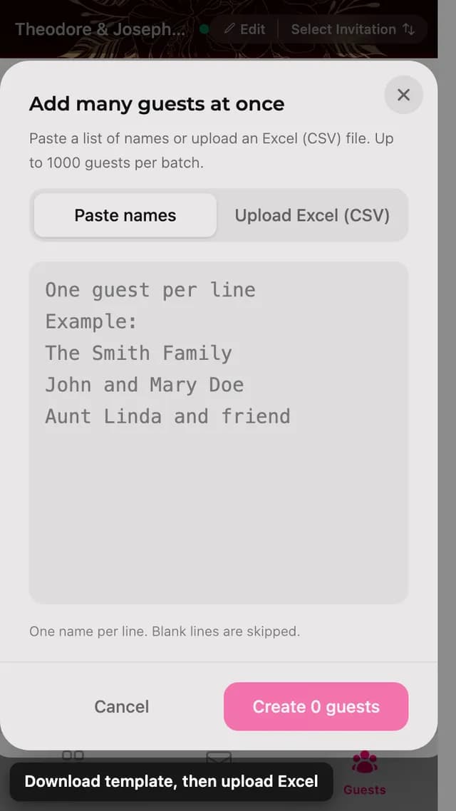 The bulk add panel, with a tab for pasting names and a tab for uploading a spreadsheet