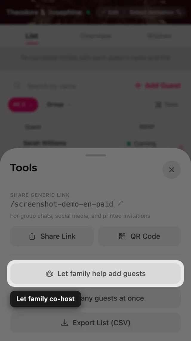 The invite family to help button inside the Tools sheet