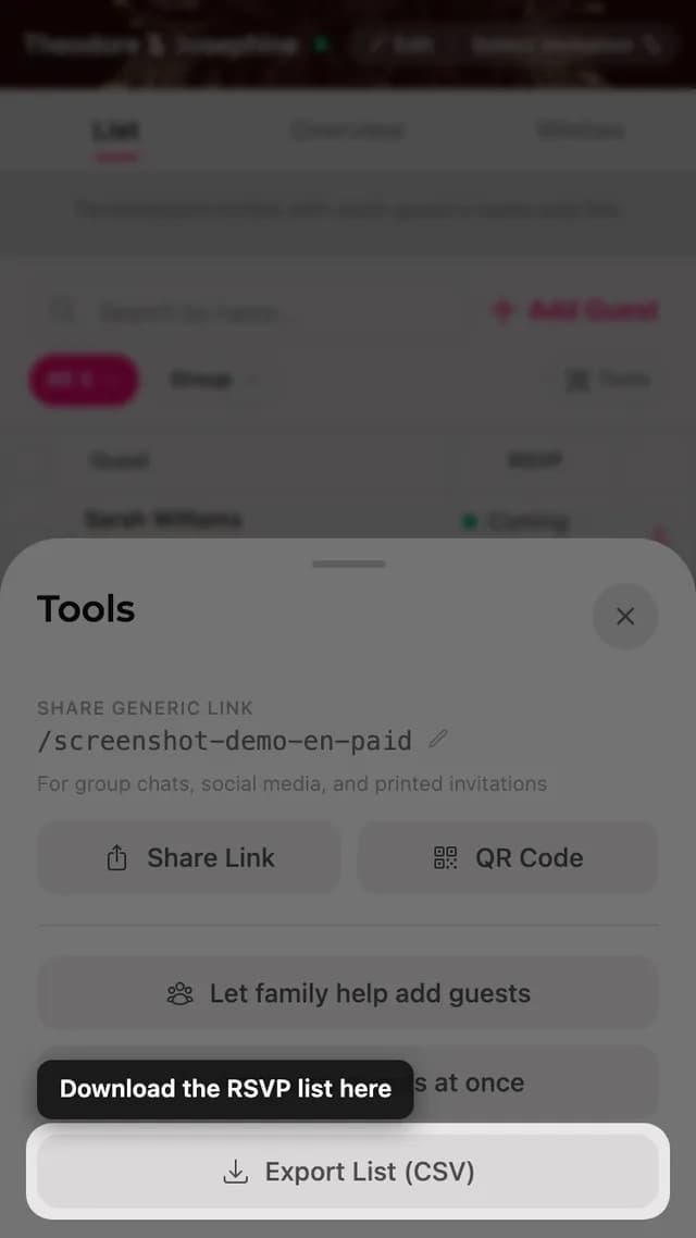 The export list button inside the Tools sheet
