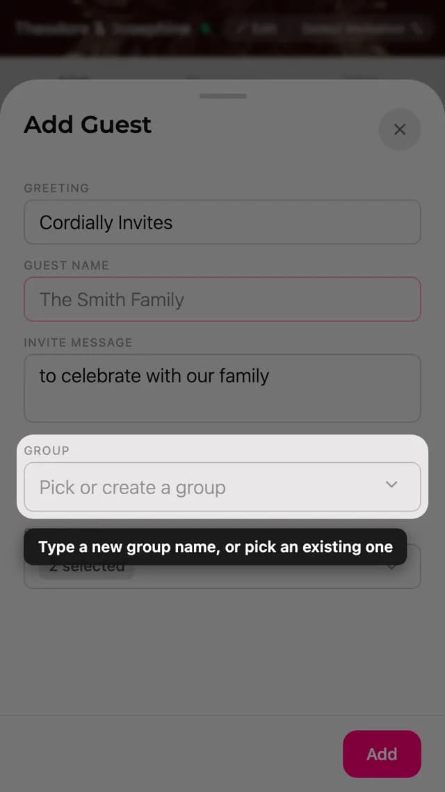 The group field in the guest form, with a picker for existing and new groups