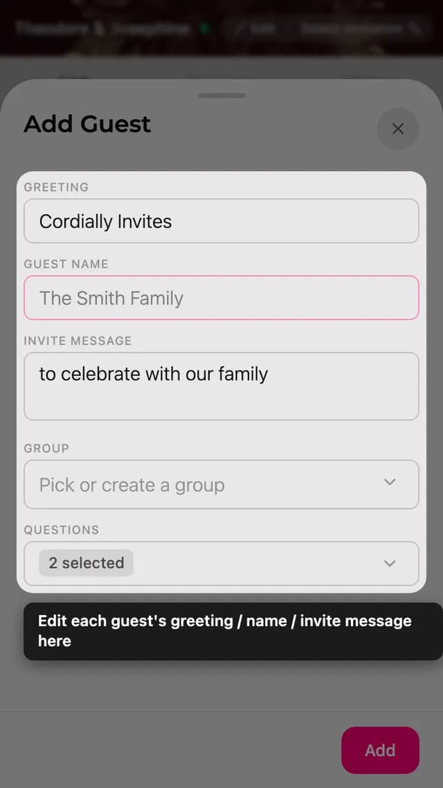The guest form with the invite line, name, message, group and questions fields