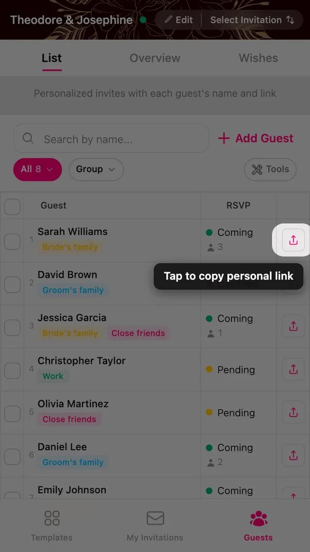 The copy button at the end of a guest row