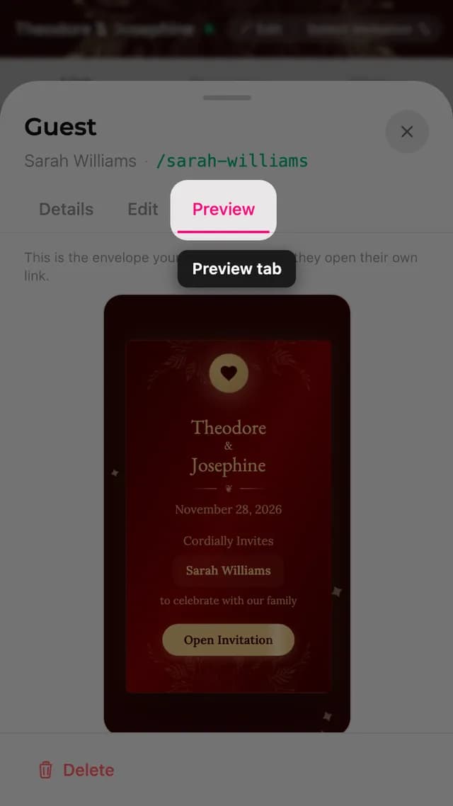 The preview tab of a guest sheet, showing the envelope with the guest's name