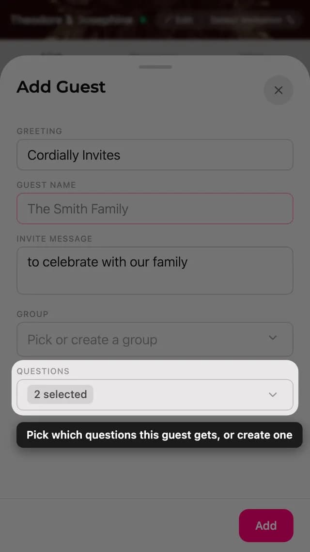 The questions field in the guest form, with a picker for RSVP questions