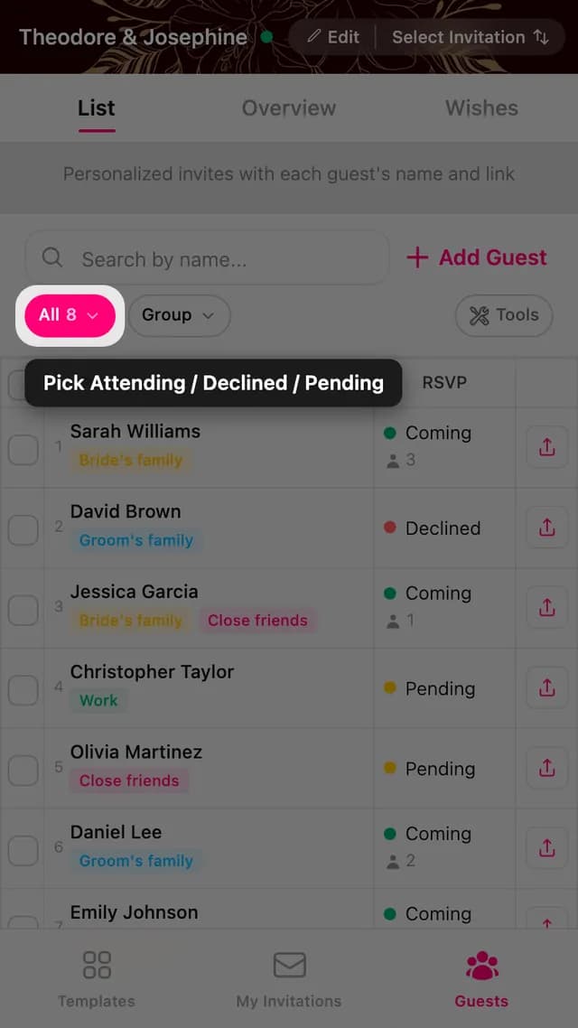 The RSVP filter pill above the guest list