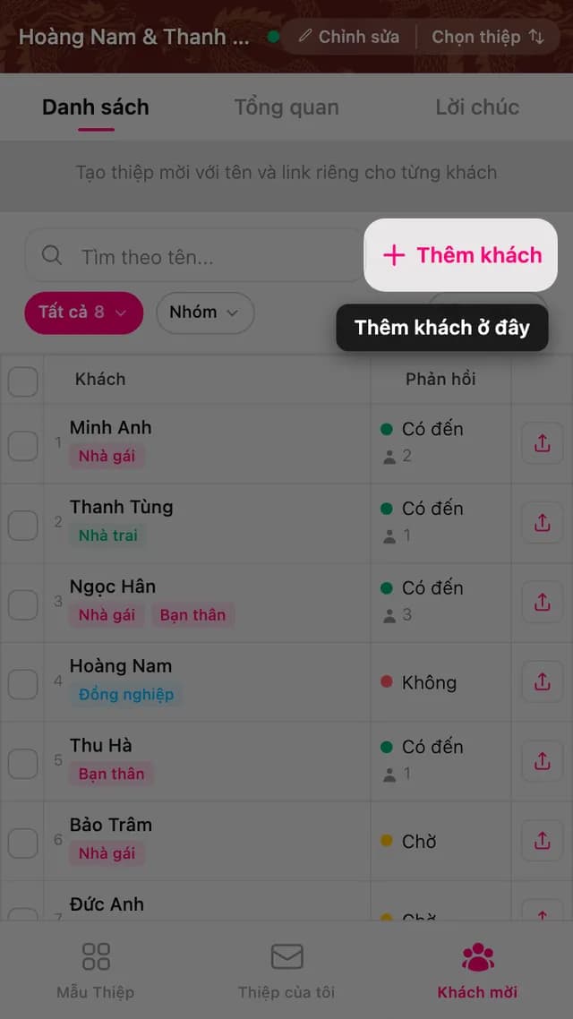 Nút Thêm khách ở đầu danh sách khách mời