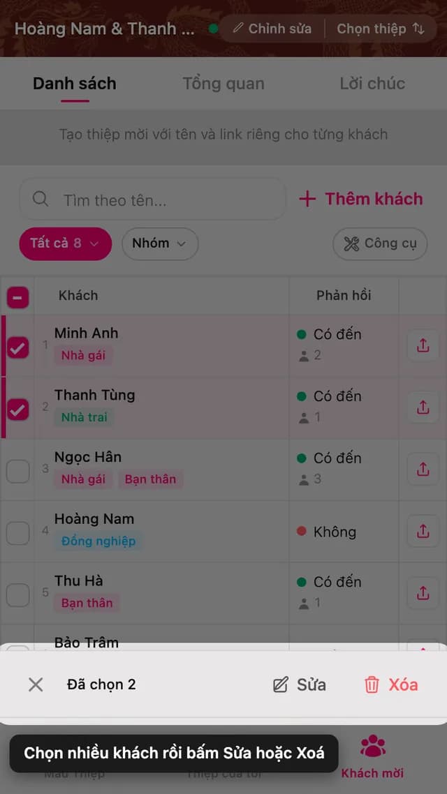 Hai dòng khách được tích chọn, cùng thanh Sửa và Xóa ở dưới