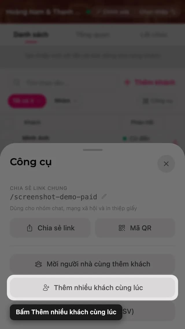 Nút Thêm nhiều khách trong bảng Công cụ