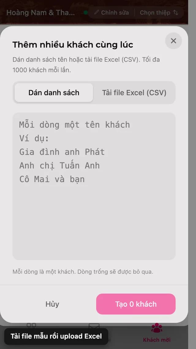 Bảng thêm nhiều khách, có tab dán danh sách và tab tải file Excel