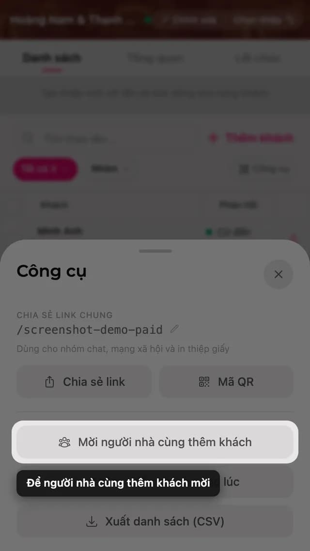 Nút mời người nhà cùng thêm khách trong bảng Công cụ