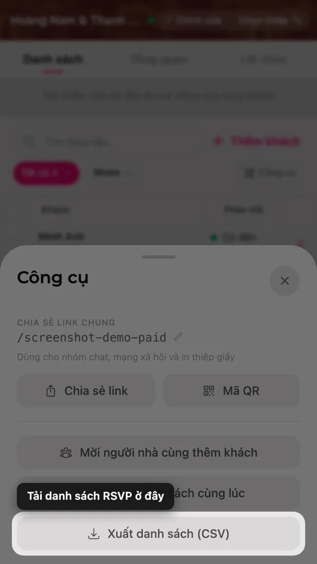 Nút xuất danh sách trong bảng Công cụ