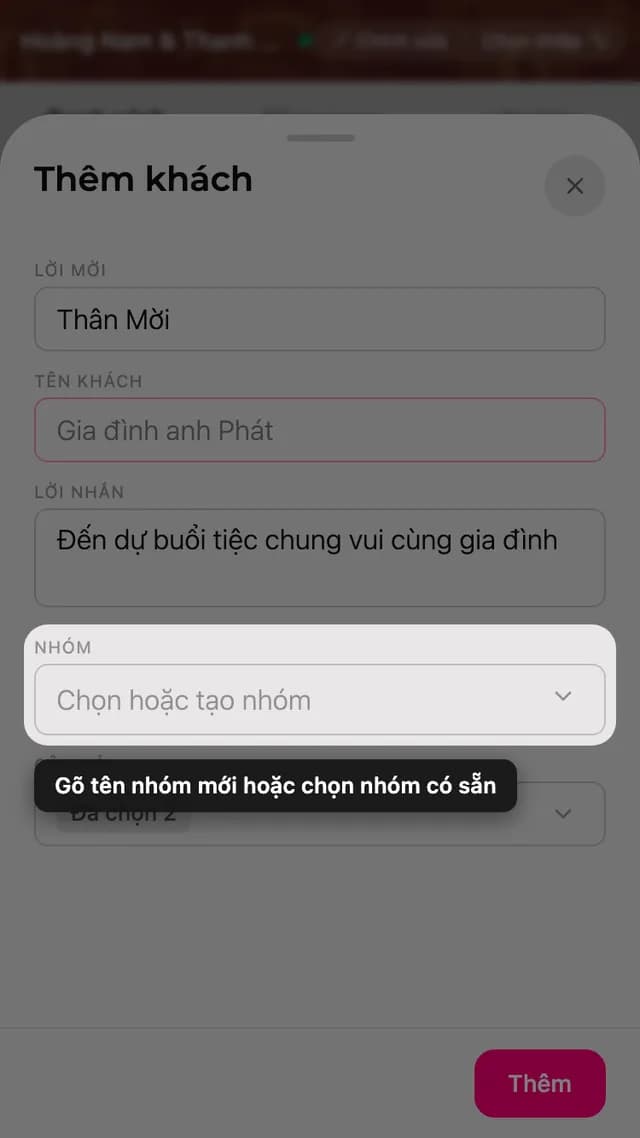 Ô Nhóm trong form khách mời, có bảng chọn nhóm có sẵn và nhóm mới