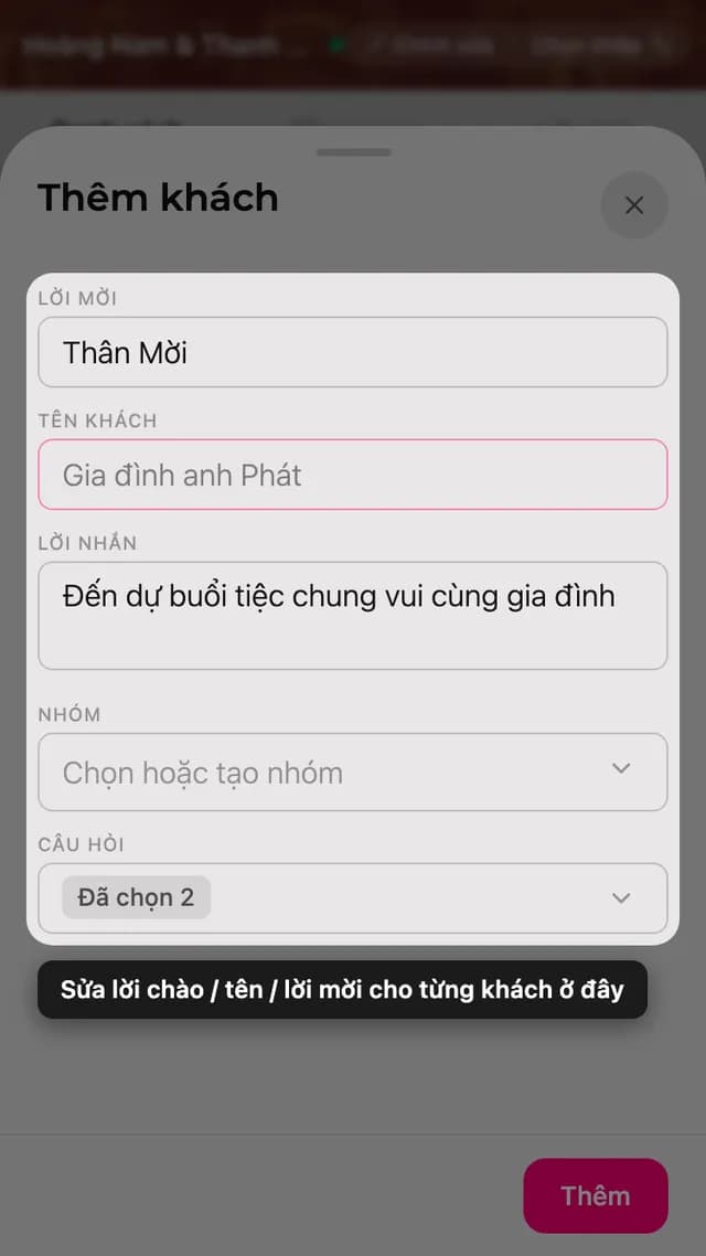 Form khách mời với các ô lời mời, tên khách, lời nhắn, nhóm và câu hỏi