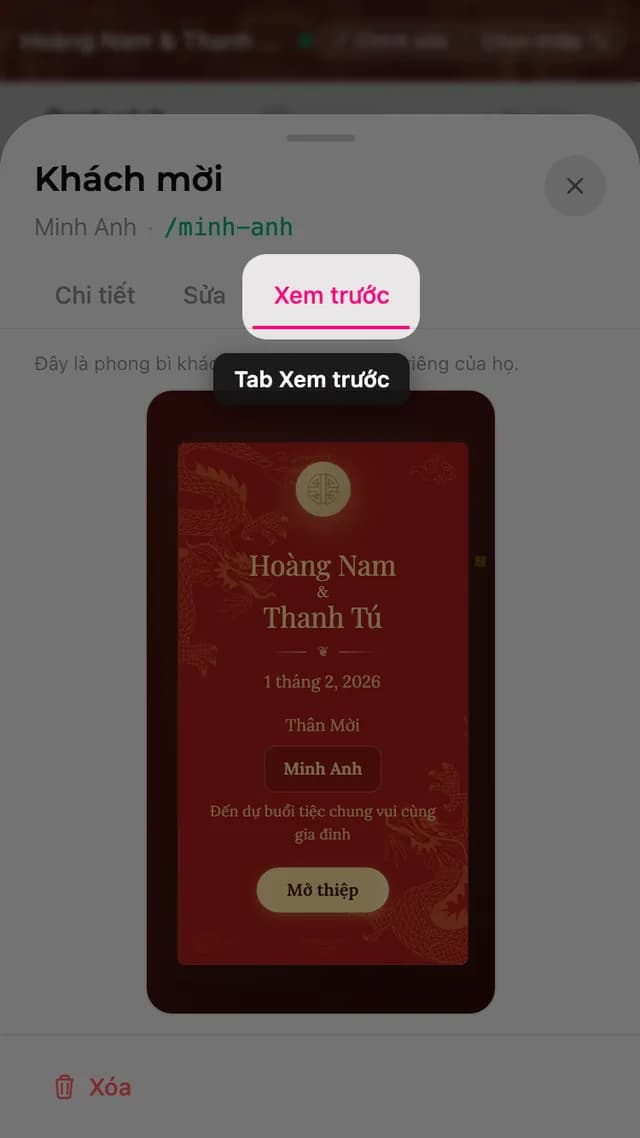 Tab Xem trước trong bảng chi tiết khách, hiện phong bì có tên khách