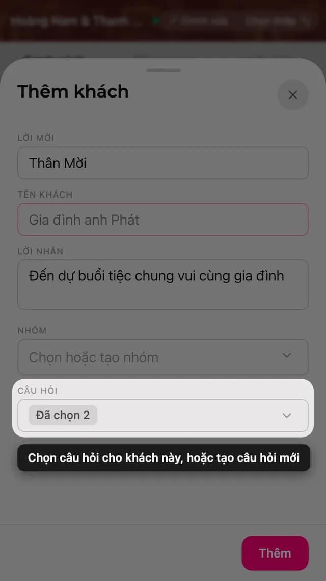 Ô Câu hỏi trong form khách mời, có bảng chọn câu hỏi xác nhận