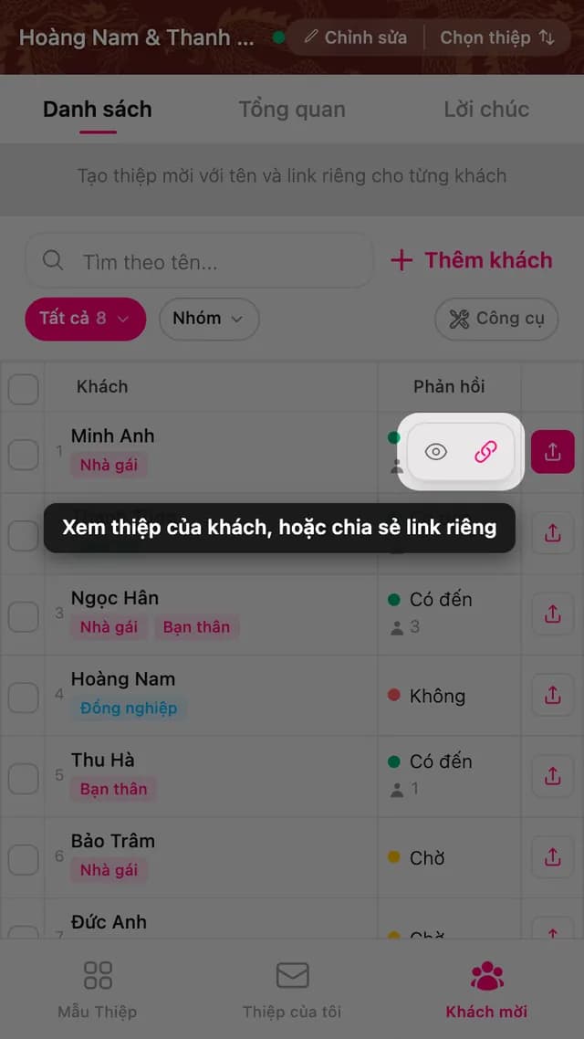 Nút xem trước và chia sẻ trên một dòng khách mời