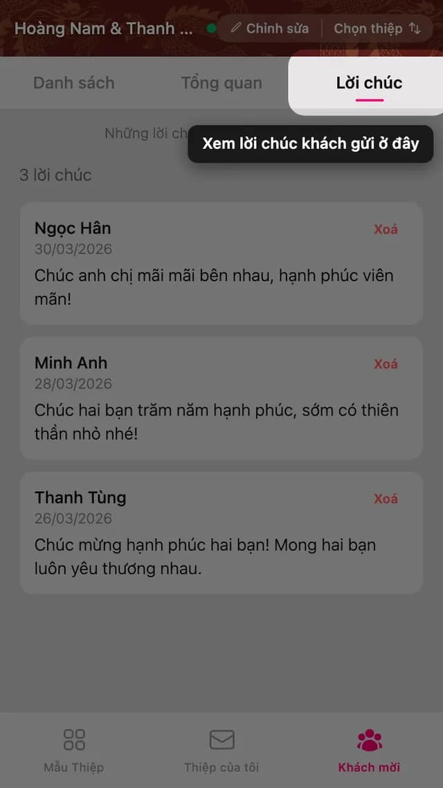Tab Lời chúc, hiện những lời nhắn khách gửi trên thiệp