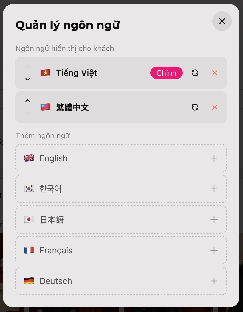Cửa sổ Quản Lý Ngôn Ngữ với Tiếng Việt và 繁體中文